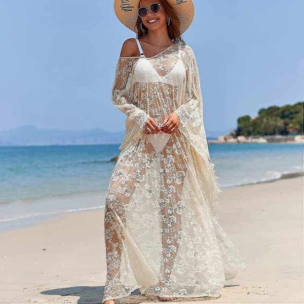 Strandklänning Boho Spets Kimono Plus Size Bikini Morgonrock Baddräkt för Kvinnor Enfärgad Beige