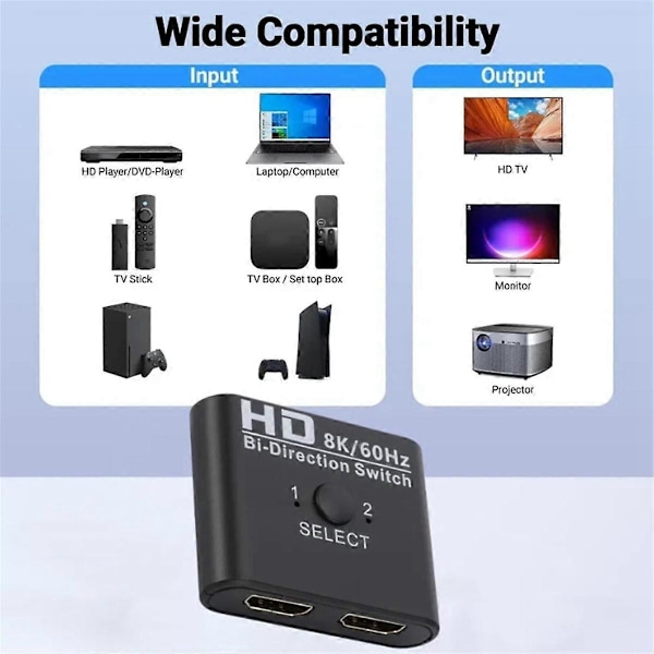 8K 60Hz -Kompatibel Switch Splitter Bi-Direction 1X2/2X1 -Kompatibel Switch 2 In1 Ut for TV Boks Switch