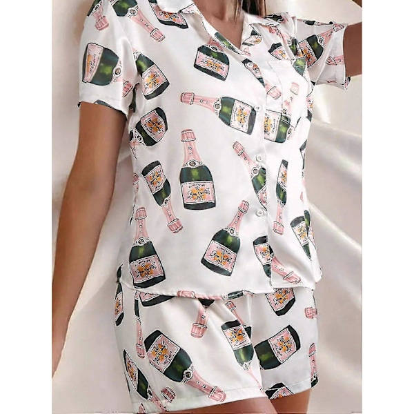 Champagne Flasker Knap Pyjamasæt til Kvinder Trykt Kortærmet 2 Dele Blødt Løst Casual Nattøj S