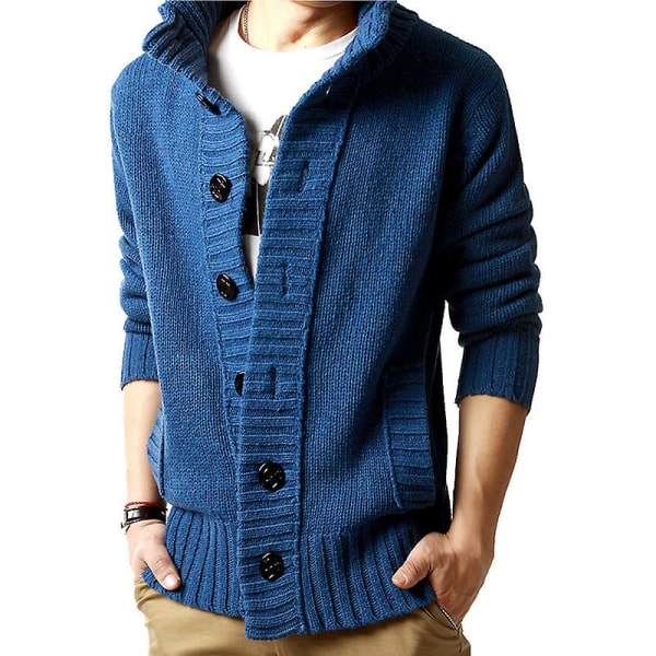 Herr Enfärgad Kofta med Knappar Tröja Jackor Ståkrage Stickad Tröja Jackor Stickade Toppar Denim Blue 2XL