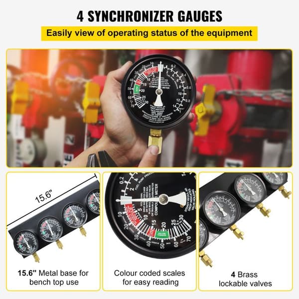 Vacuum Carburetor Synchronizer Kit - Duoku - Includes 4 Precision Gauges - with Rubber Hose