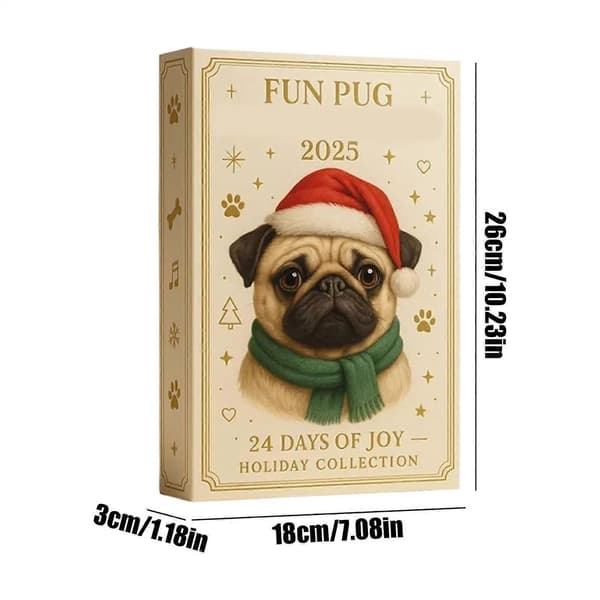 Julekalender til hunde - 24 dages 2D akryl Mops juletræspynt [JUN]