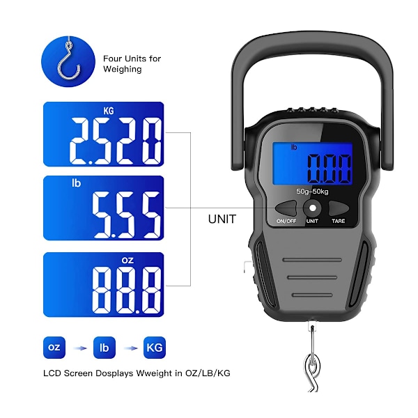 Digital fiskvåg, bagagevåg, vikthängande krokskala, 110lb/50KG-bakgrundsbelyst LCD-display, vattentät väska (batterier ingår)