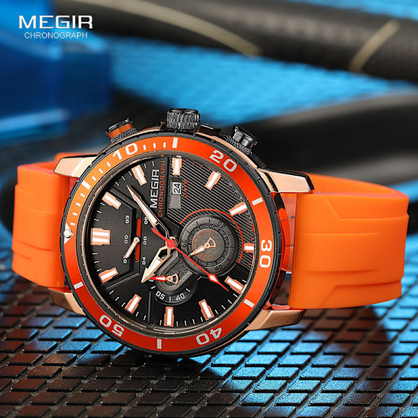 MEGIR Oransje Klokker for Menn Mote Vanntett Silikonrem Chronograph Kvarts Armbåndsur med Auto Dato Lysende Visere Orange-Box