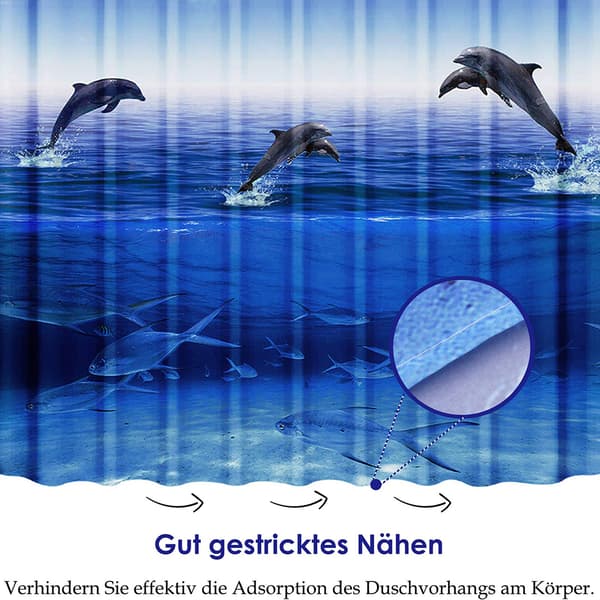 Vattentätt Duschdraperi 180x200cm, Blå Delfin Design, Tvättbar Polyester