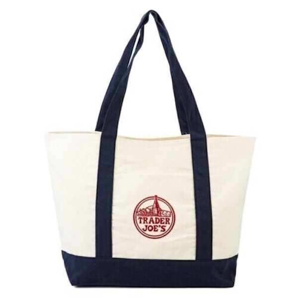 Trader Joe's Genanvendelig Canvas Eco Tote Taske Shopping Kraftig Taske Blå Hvid