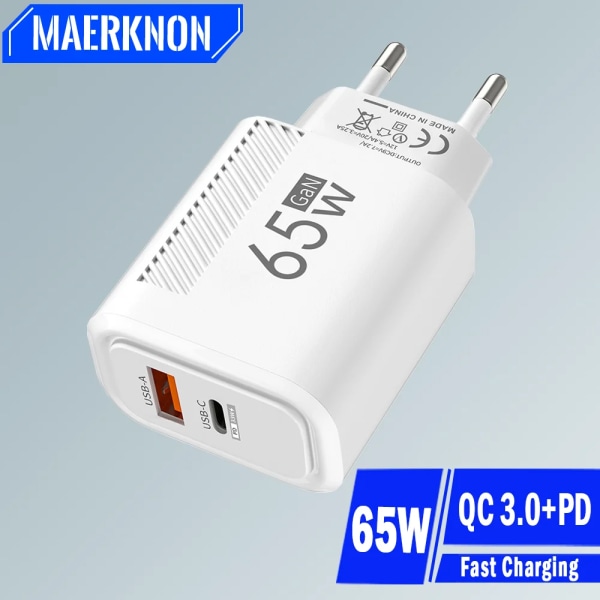 Hurtigoplader USB C, GaN PD 65W oplader, Samsung S22, S21, iPhone 14, 13, Xiaomi, Huawei, LG, Quick Charge 3.0 EU White