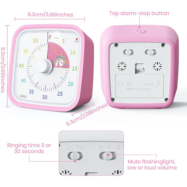 Visuel timer med beskyttende etui, Unicorn Disk 60 minutters nedtællingstimer til børn og voksne, lydløst tidsstyringsværktøj (Pink)