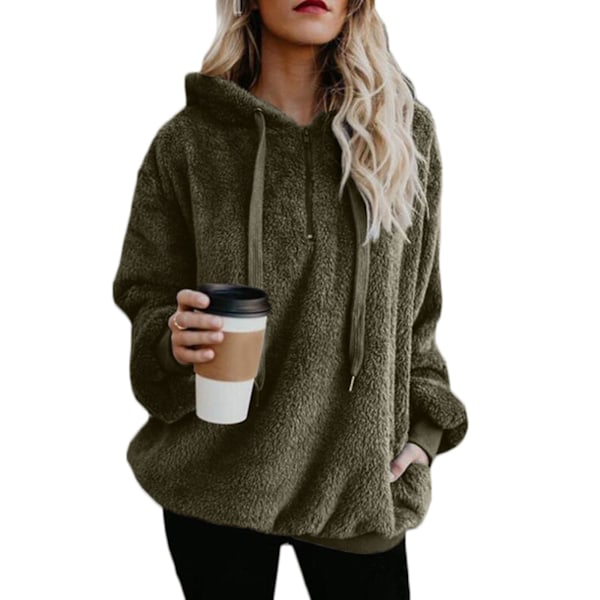 Blød og fluffy sweatshirt til kvinder, efterår og vinter, varm lynlås op hættetrøje pullover med L L Army Green