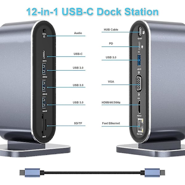 12-i-1 USB C Dockningsstation USB C Hub Dock Laptop Display Dockningsst