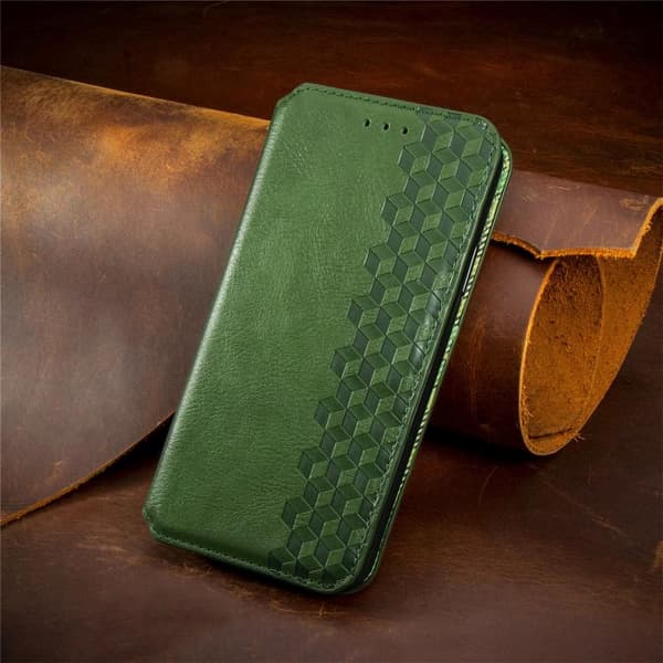 iPhone 17 Läderfodral med Magnetisk Stängning & Rutnätsdesign [JUN] Grön