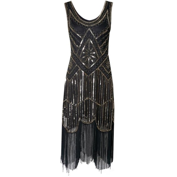 1920-tals vintage paljettklänning med bankettklänning med dubbade fransar Z Svart guld Black gold XL