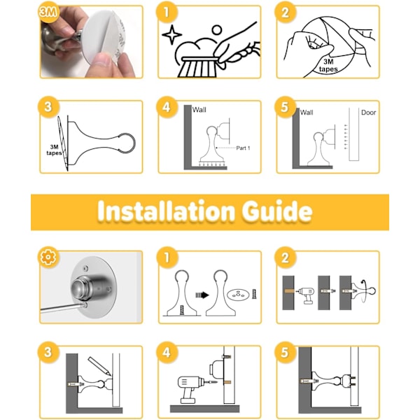 2 Pak Stål Dørstopper - Væg- og Gulvmontering, Ingen Borring, 3M Klæbemiddel & Skruer, Stærk Magnet Holder Døren Åben