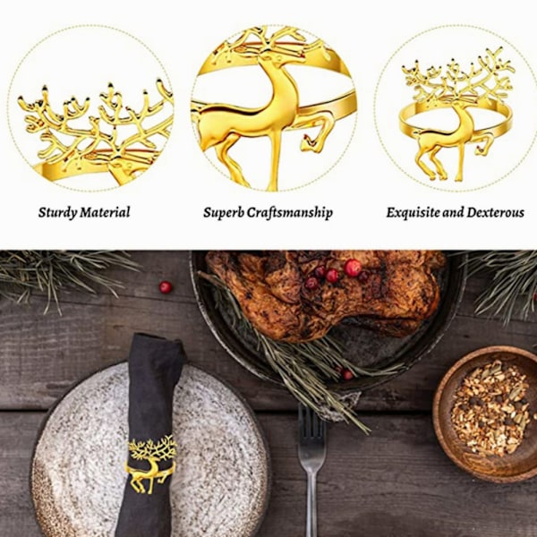 6 stk. Julehjort Servietringe til Julemiddagsfester Bryllup Guld gold 6PCS