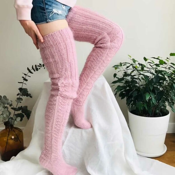 Varma Stickade Knästrumpor Höga Strumpor Thigh High Rosa pink