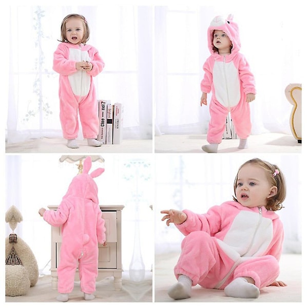 Babygutt Jente Barn Tegneserie Dyr Hetteskjorte Romper Fleece Jumpsuit Body Vinter Varme Klær i Ett Stykke Rosa Pink 0-6 Months