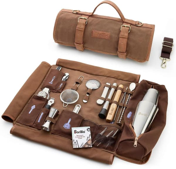 Bartender Kit Bag med 17-delt Cocktail Shaker Sett i Vokset Canvas[JUN]