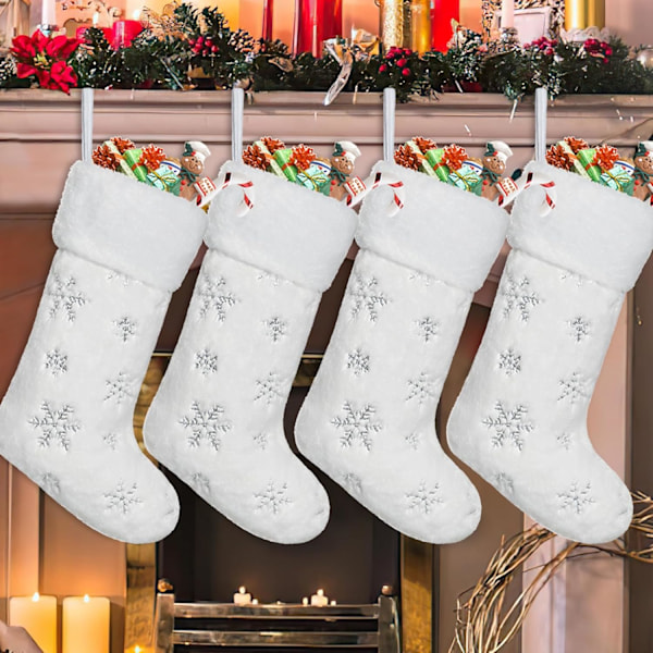 4 Pack 20" Large White Faux Fur Xmas Stockings with Shining Silver Snowflake Christmas Decorations Party Ornaments Holiday Room Decor