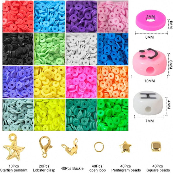 Platt pärlesæt, 6 mm polymer lerperler, bløde lerperler, 28 ruder, smilende ansigt, DIY smykketilbehør