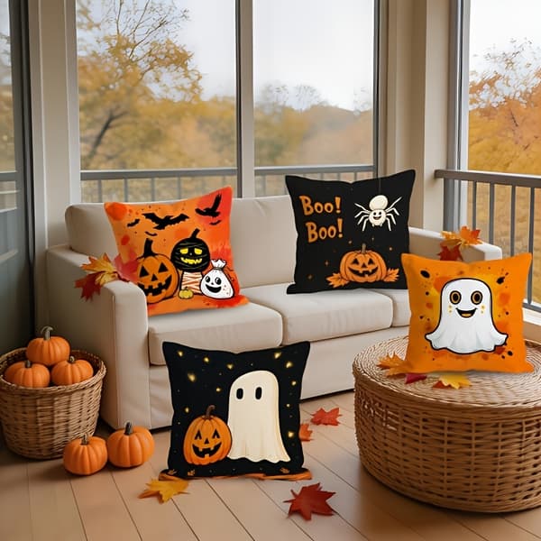 Halloween-kuddfodral med tryck av pumpa, fladdermus och spindel för soffa och heminredning 4pcs-50cm