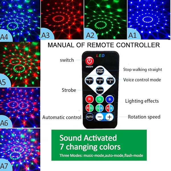 Skenelampa, röststyrning discokula RGB-färg ljusfestljudskontroll kristallkula miniprojektor med fjärrkontroll för scenfest DJ discobarer klubbar karaoke