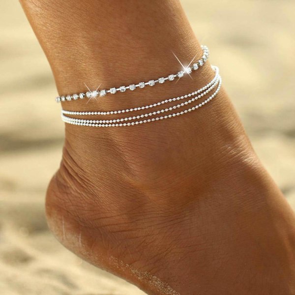 Silver Vristlänk Kristall Vristarmband Layered Anklet för kvinnor