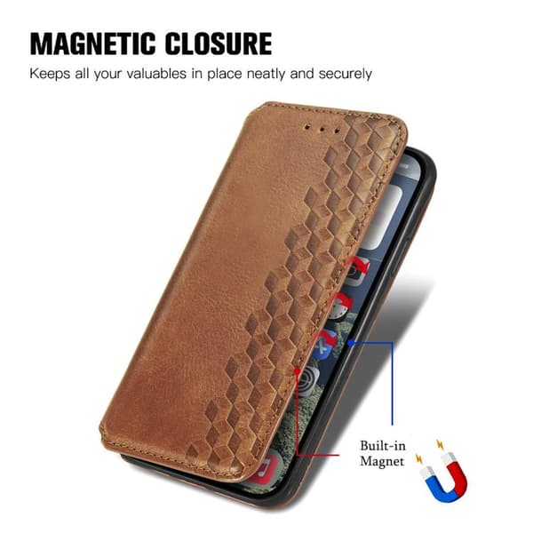 iPhone 17 Läderfodral med Magnetisk Stängning & Rutnätsdesign [JUN] Brun