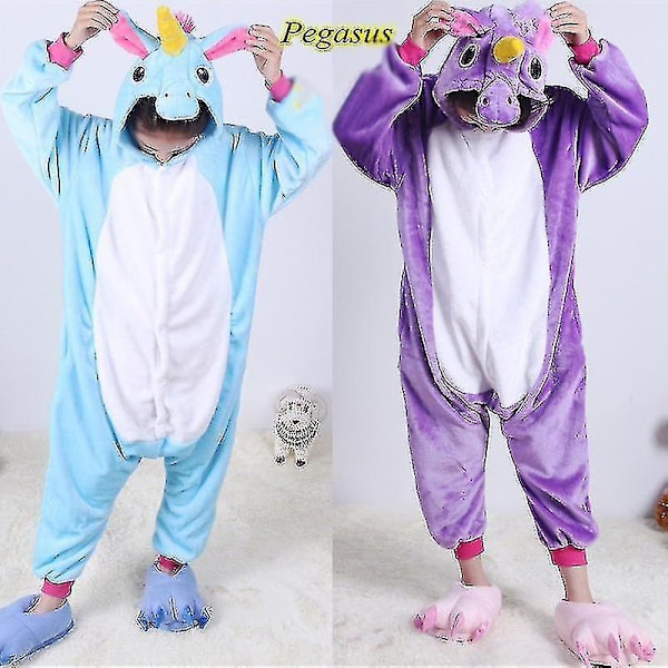 Barn Onesie Flanell Pyjamas Tegneserie Dyr Figur Kostyme med Hettelue Vinter Hjem Kostyme Purple Pegasus