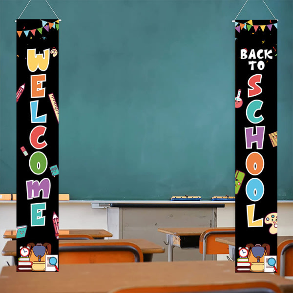 "V?lkommen tillbaka banner – hemmafest banderoll – returfestskylt, klassrum skola foto bakgrundsdekor