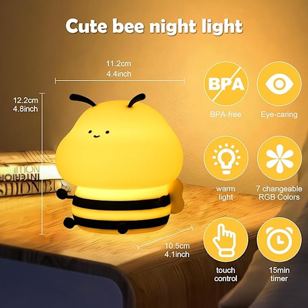 Honeybee Silikon Nattlek - Mjuk Djur LED-lampa med Justerbar Värme och RGB Färgbyteslägen