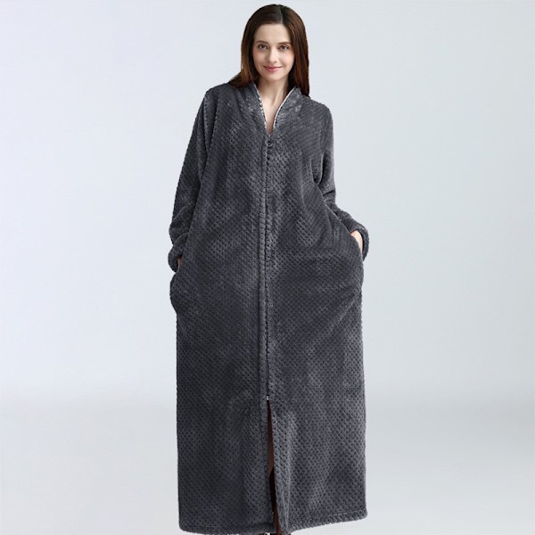 Glidelås Morgenkåpe for Kvinner Flanell Fleece Kåper Vintervarm Huskåpe Nattkjole Grå Grey XL