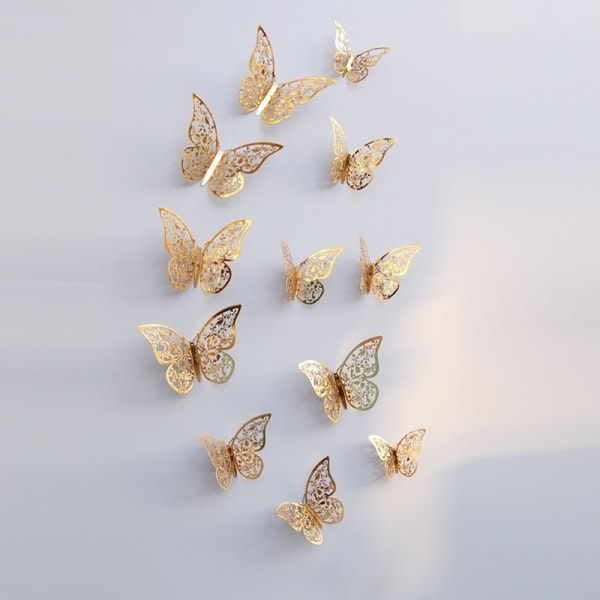 12 st 3D Fjärilar i Metall, Väggdekoration - Bladguld