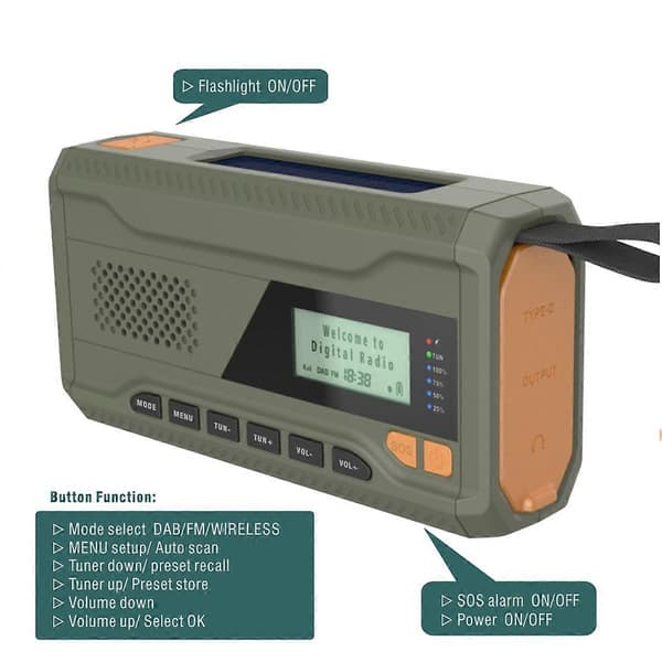 Nød DAB/FM-radio med Bluetooth og Håndsveiv Solcellelader[JUN]