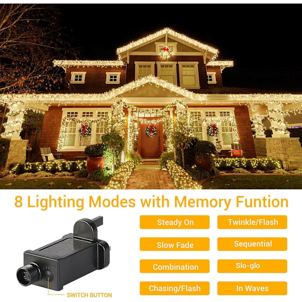 1000 LED 25M Lysstreng Udendørs/Indendørs, Julelys Varmt Hvidt Netstrøm, 8 Lystilstande Vandafvisende Juletræslyskæde - Silver Line