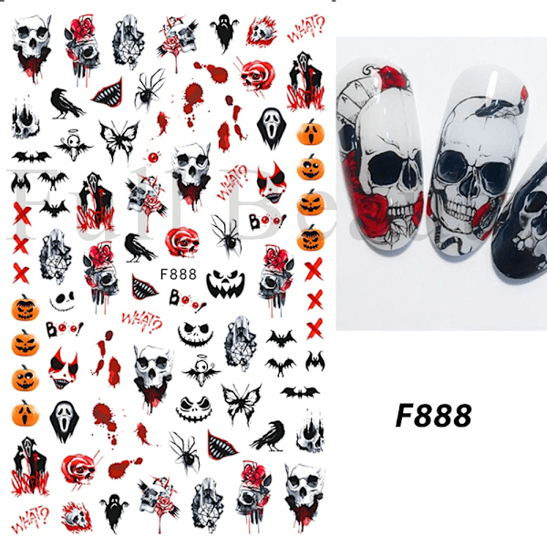 Söta tecknade skalle Nagelsticker Spöklik Halloween-dekoration Ghost Bat Evil Pumpa Sliders för manikyr Blodnageldekal GLF886 F885