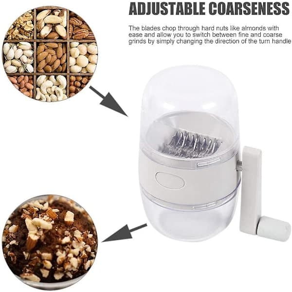 Manual Nut Chopper with Non-Slip Base, Adjustable Fine and Coarse Grinding for Peanuts, Sesame, and Dried Fruit, White 15.5 Cm