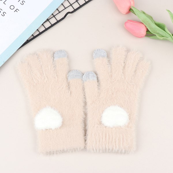 1 Par Love Heart Gloves Dam Plyschhandskar Full Finger Handskar Beige