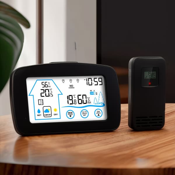 Trådløst indendørs udendørs termometer hygrometer med touchscreen og baggrundsbelysning 【Vit】