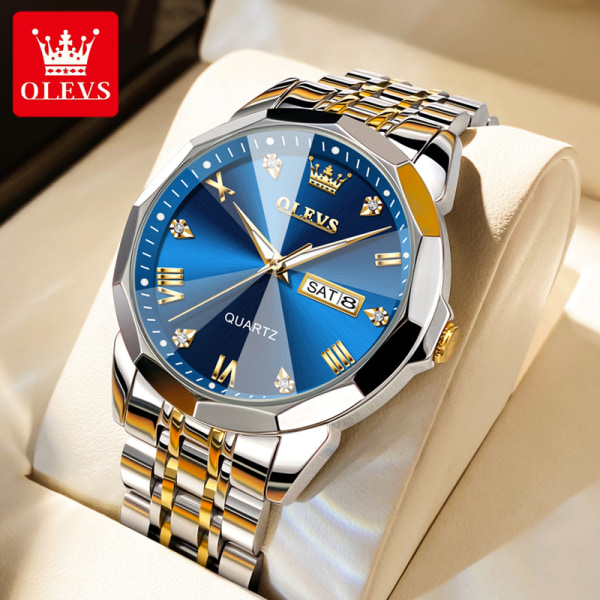 OLEVS Klocka Quartz Klassisk Rostfritt Stål Diamant Lyx Armbandsur Business Klassisk Quartz Analoga Klockor för Män blue 9931