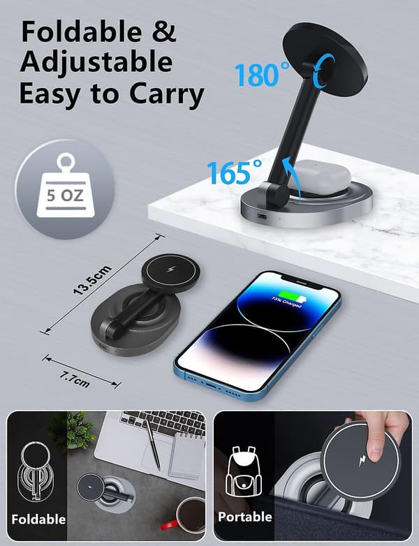 Foldbart 15W Magnetisk Trådløst Opladningsstativ til iPhone 14/13/12, Magsafe Kompatibelt [JUN]