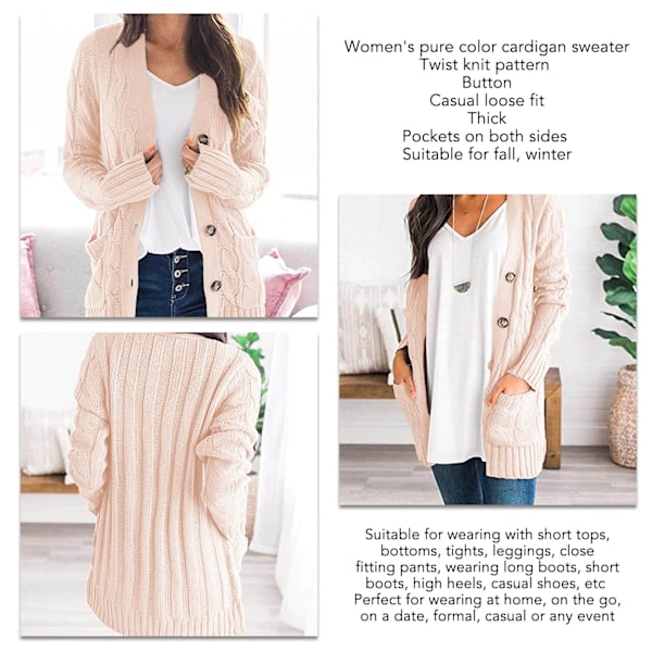 Dame Cardigan Trøjer Efterår Vinter Ren Farve Twist Strikket Elegant Casual Dame Langærmet Knappet Cardigan Rosa S