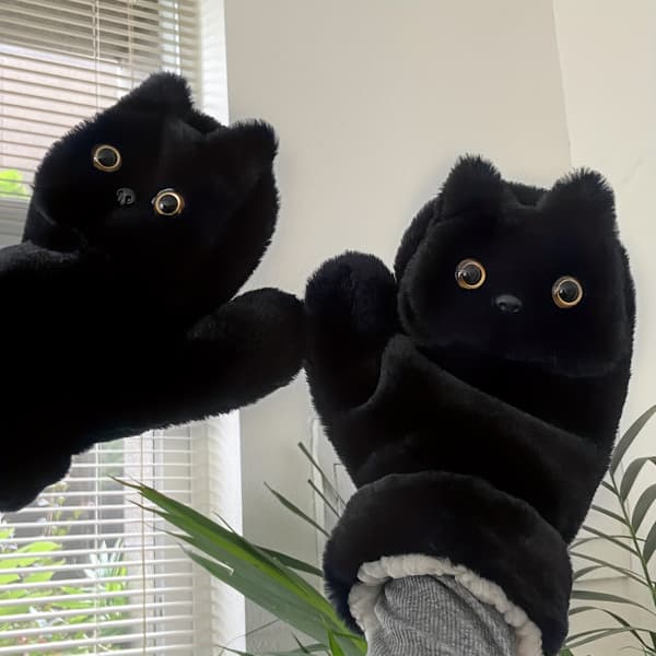 Søde Katte Plys Vinterhandsker Varme Vindtætte Fuld Dækning Udendørshandsker Blk Cat Plush-G