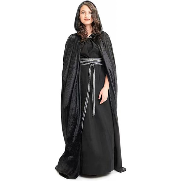 Musta huppuun kiinnitettävä viitta, samettiviitta vampyyriasu naisille miehille aikuisille karnevaali Halloween cosplay-asu