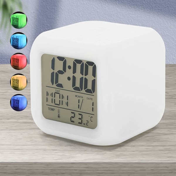 LED-vekkerklokke nattbord 7 farger display digital klokke barnevekkerklokke med snooze-funksjon nattlys temperatur tid dato