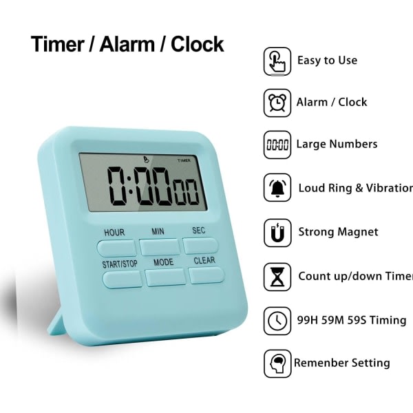 Digital timer med klocka/v?ckarklocka funktion, magnetisk baksida digital k?kstimer, k?kstimer Stoppur Countdown Time Management f?r k?ksstuds