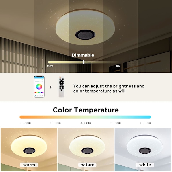 36W dimbar LED-taklampe, Bluetooth-høyttaler, lys med fjernkontroll/app-kontroll, RGB-fargeendring, taklampe for