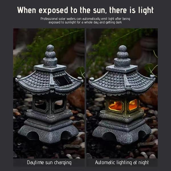 Utendørs solcellelampe, Pagode hagestatue, Solcellelykt for hage, LED landskapsbelysning med simulert pagode, Grå[JUN] Gray Free Size