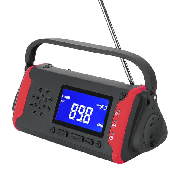 Aurinkokennokäyttöinen hätäradio taskulampulla ja säävaroituksella [JUN]