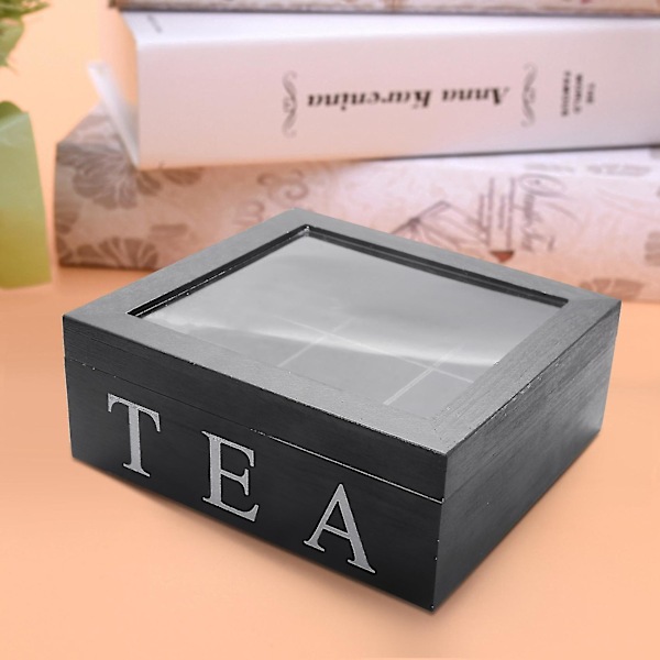 Trätebox med 9 Fack för Tepåsar, Förvaringslåda, Kvadratisk Presentförpackning, Transparent Lock, Smyckeskrin