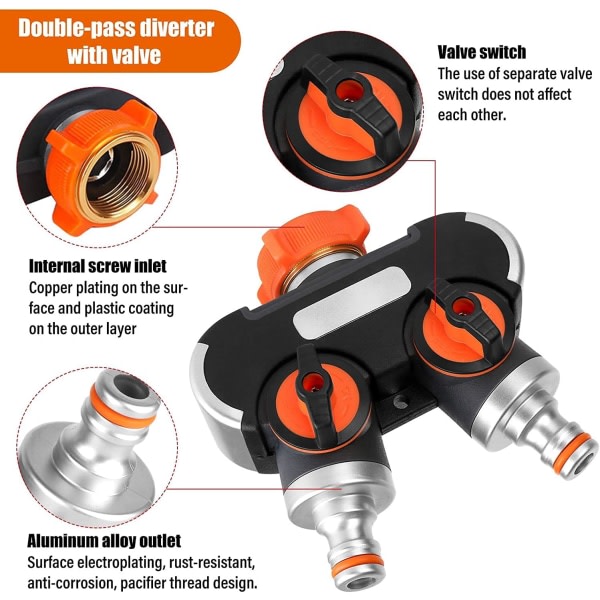 2-vägs vattendelare: 3/4\" och 1/2\" Y med kranadapter, justerbart vattenflöde, 2-vägsfördelare för trädgårdsbevattning, tvätt, husdjur